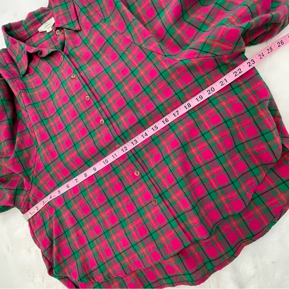 Entro Vibrant Puff Sleeve Hot Pink & Green Oversized Plaid Cotton Top - Picture 8 of 15